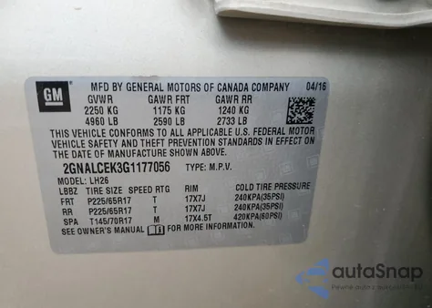 2016 Chevrolet Equinox Lt z USA, uszkodzony, nr VIN 2GNALCEK3G1177056